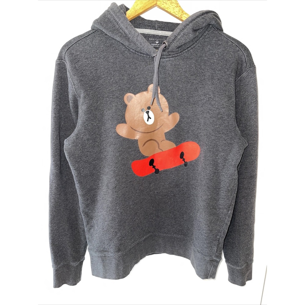 LINE Friends Hoodie Sweatshirt Brown The Bear Skateboard Medium Mens Gray